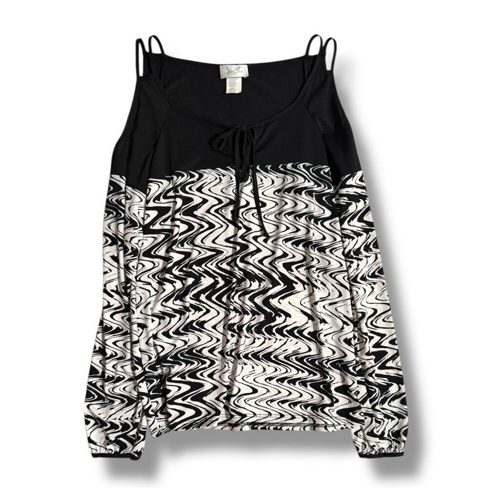 JonDen Black & White Patterned V-Neck Tie-Front Blouse Cold Shoulder Women's Med